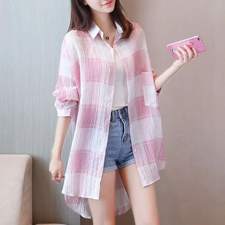 Blouse Women Plaid Shirt Loose Mid-Length Clothing Coat Women\'s Shirt Summer Blusas Ropa De Mujer