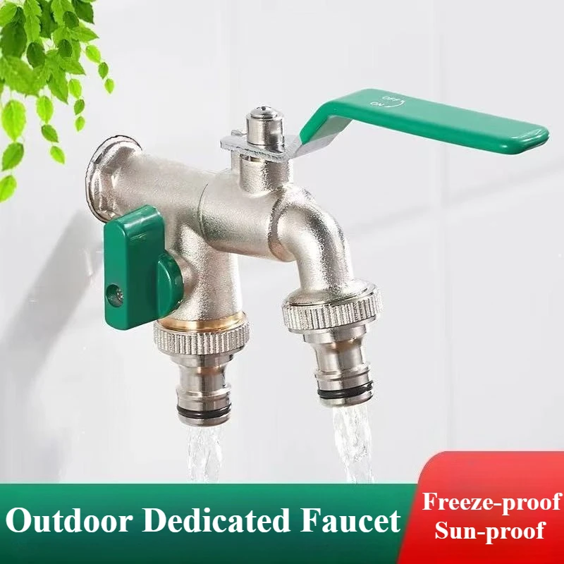 Brass Garden Water Faucet Tape Keys 1/2'' 3/4'' 1 Inlet 2 Outlet Bibcock with Dual Nipple Water Splitter Connector