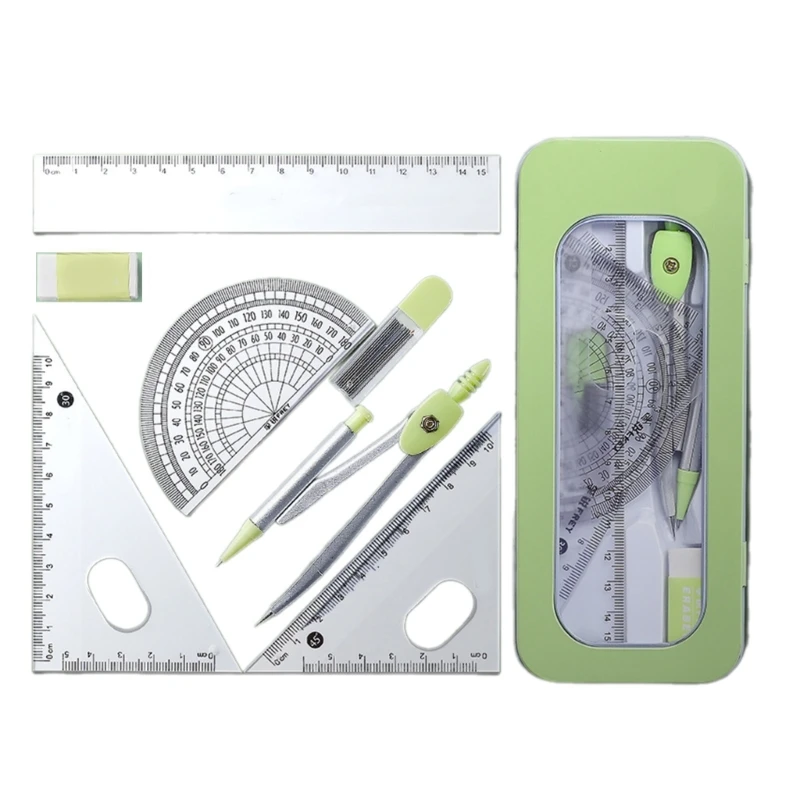 7Pcs School Geometry Tool Set for Student,Including Metal Geometry Set Square, Eraser, Protractor, Storage Case