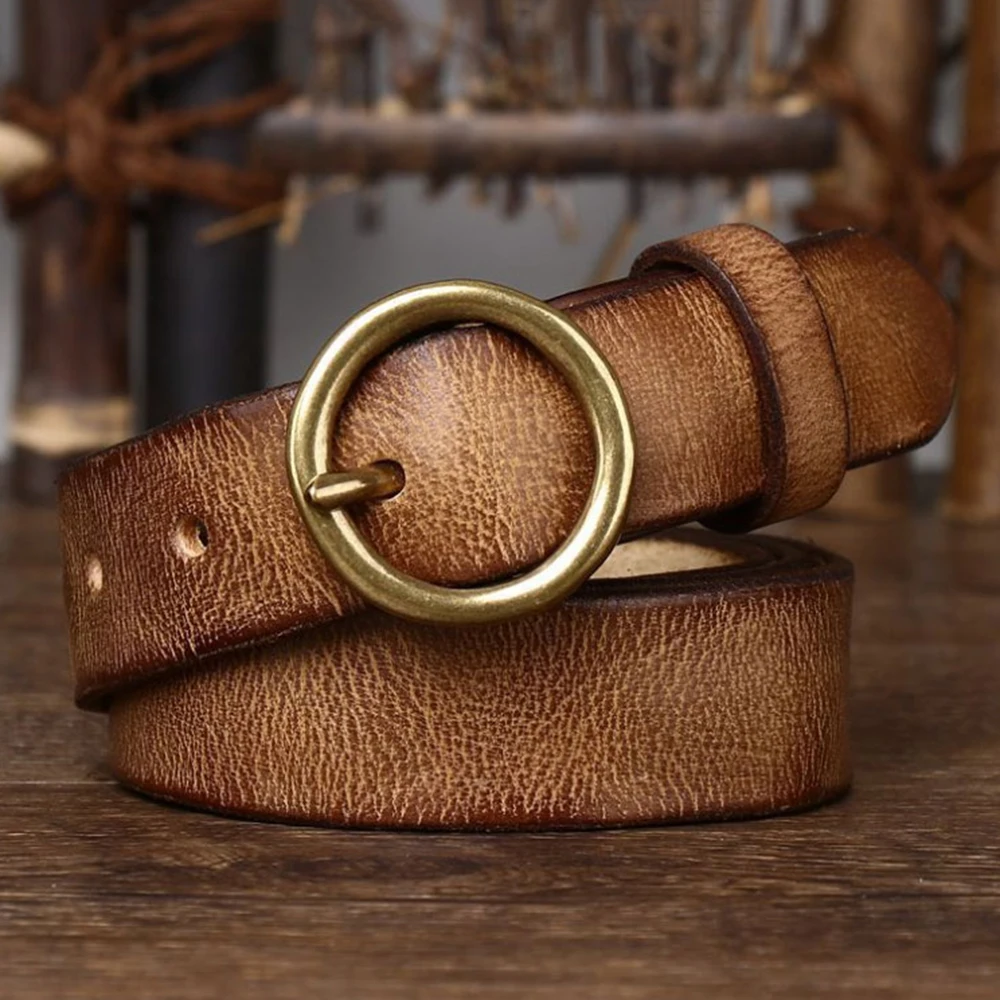 FAJARINA Top Quality Solid Cowskin Leather Round Brass Pin Buckle Belt 28mm Wide