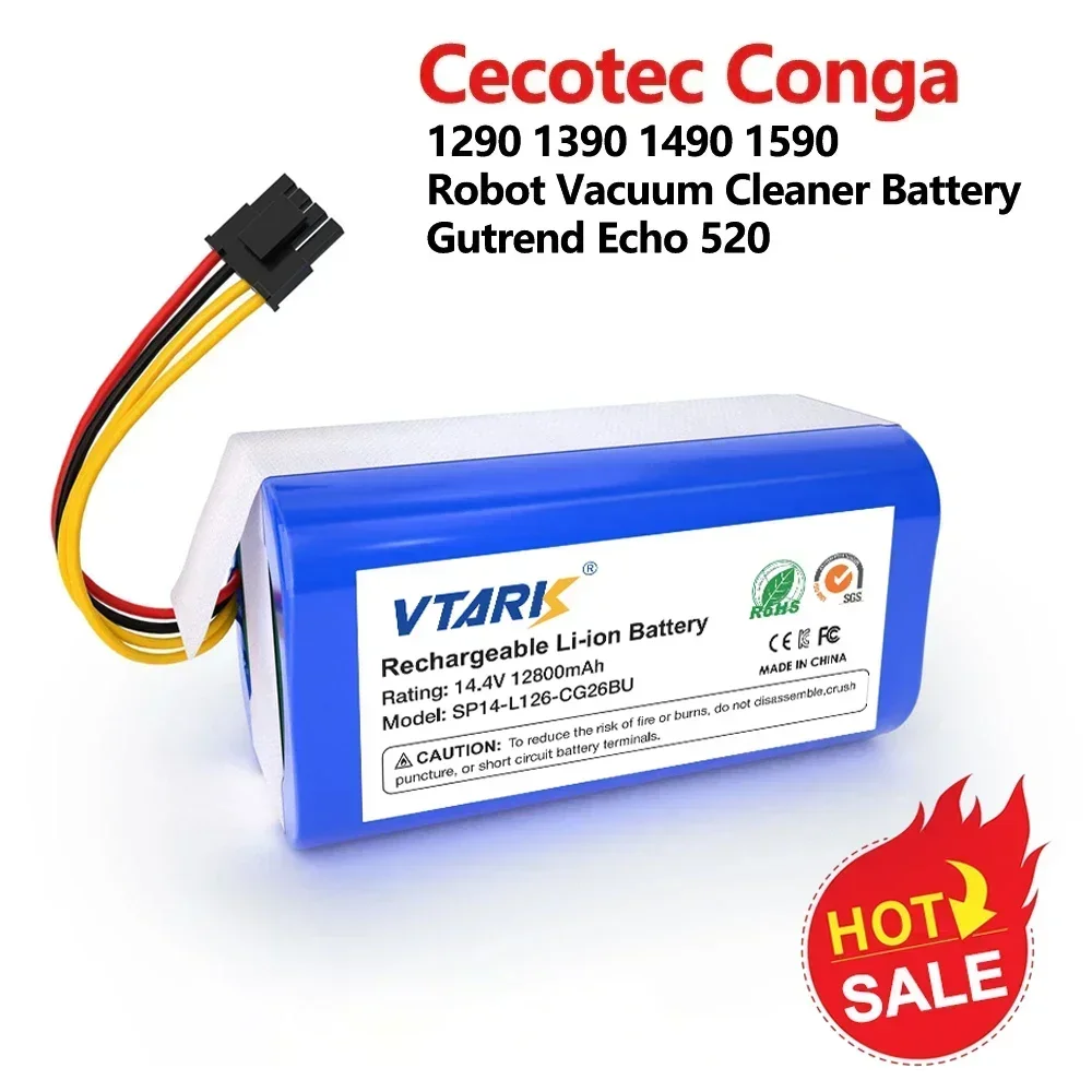 

100% New 14.4v 12800mAh Lithium-ion Battery for Cecotec Conga 1290 1390 1490 1590 Replacement Robot Vacuum Cleaner Battery