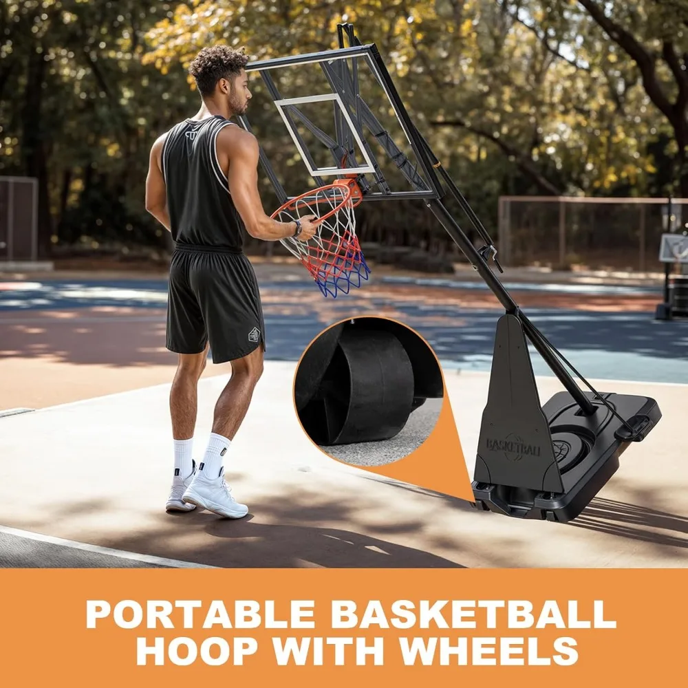 Aro de baloncesto ajustable para exteriores de 5-10 pies con manivela manual, tablero trasero de PC 33/44, ruedas para juegos mejorados