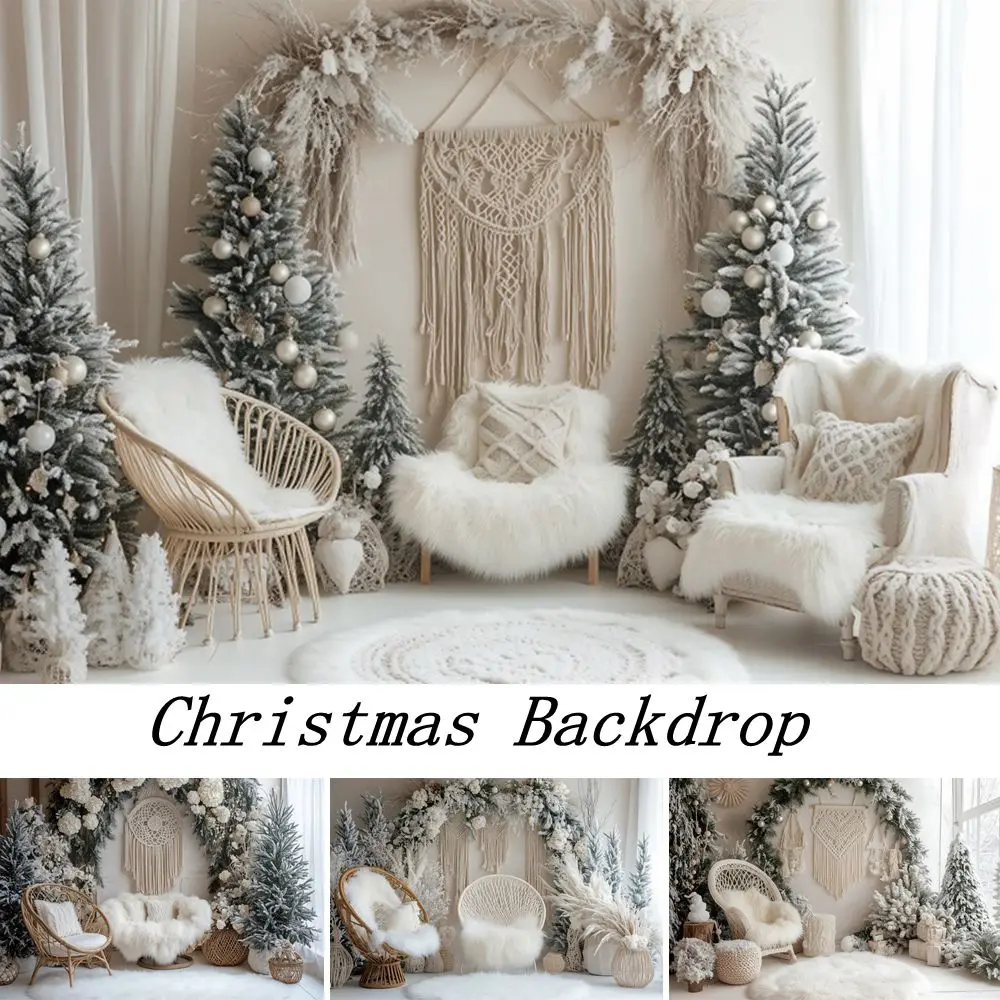 

Christmas Photography Backdrop Pine Tree Boho Room Tassel Chair Scene Baby Kids Portrait Photo Background Photo Studio Props