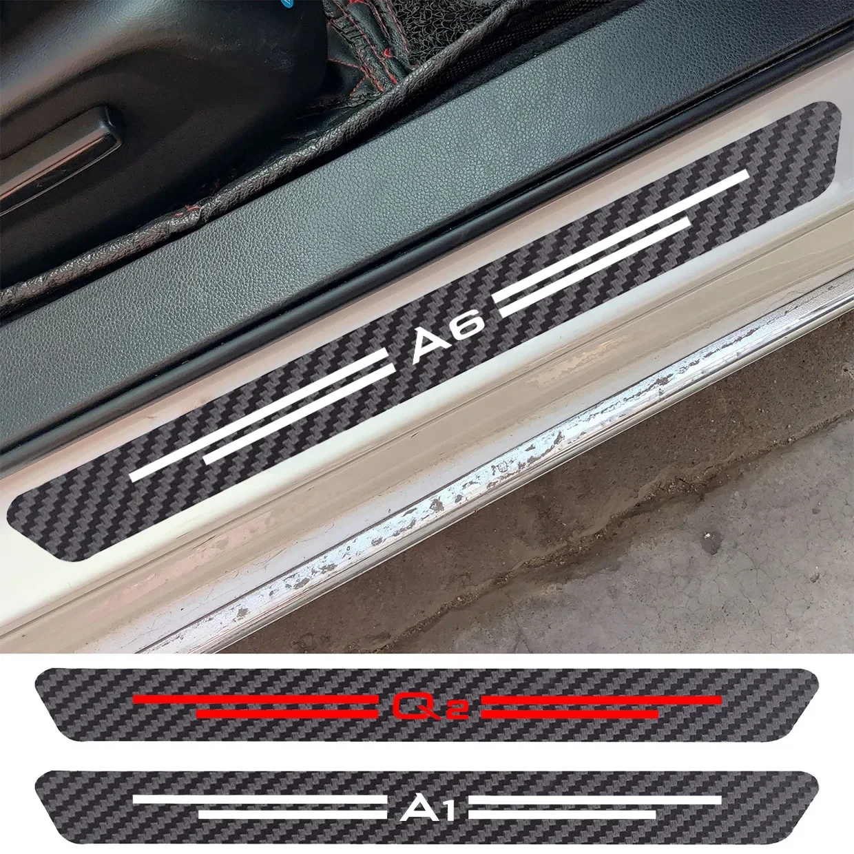 

4 шт., наклейки из углеродного волокна на порог двери автомобиля для Audi A1 A2 A3 A4 A5 A6 A7 A8 Q2 Q3 Q4 e-tron Q5 Q7 Q8 TT RS3 RS4 R8 RSQ3