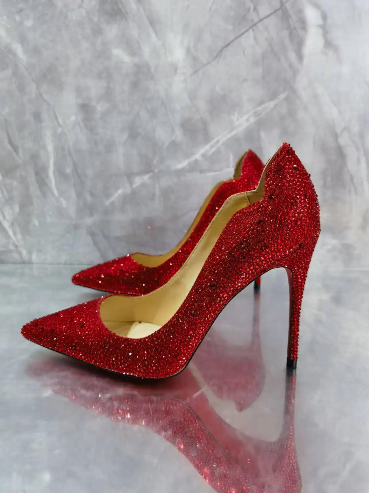 Zapatos de tacón superalto con lentejuelas y Punta puntiaguda para mujer, tacones de aguja ostentosos sin cordones, zapatos de vestir de fiesta, zapatos de boda de diseñador, Rojo cálido