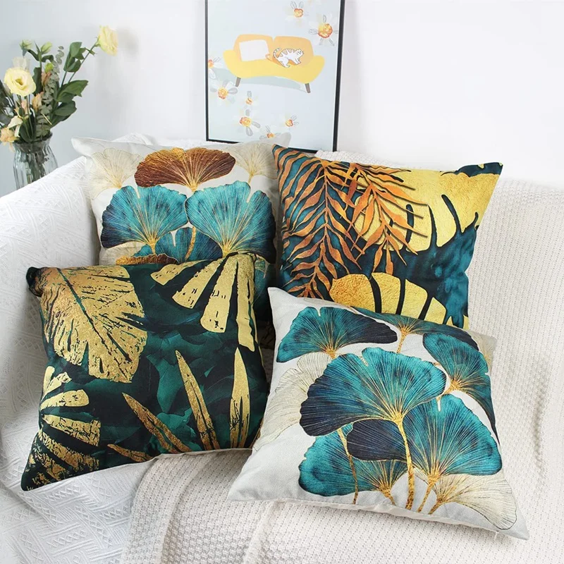 Square Throw Pillow Covers Pack Of 4 Green And Gold Leaves Cushion Covers Linen Sofa Cushions 45Cm X 45Cm