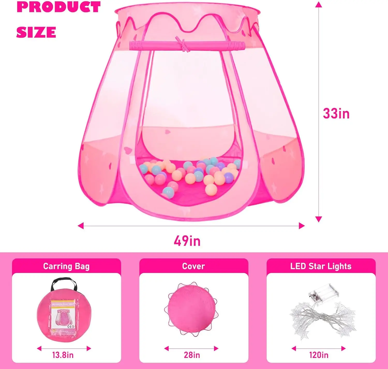 Tente princesse pop-up avec 50 boules, fosse à balles avec lumières étoiles, cadeau d'anniversaire pour fille de 1 2 3 ans, jouets de princesse pour tout-petits wi
