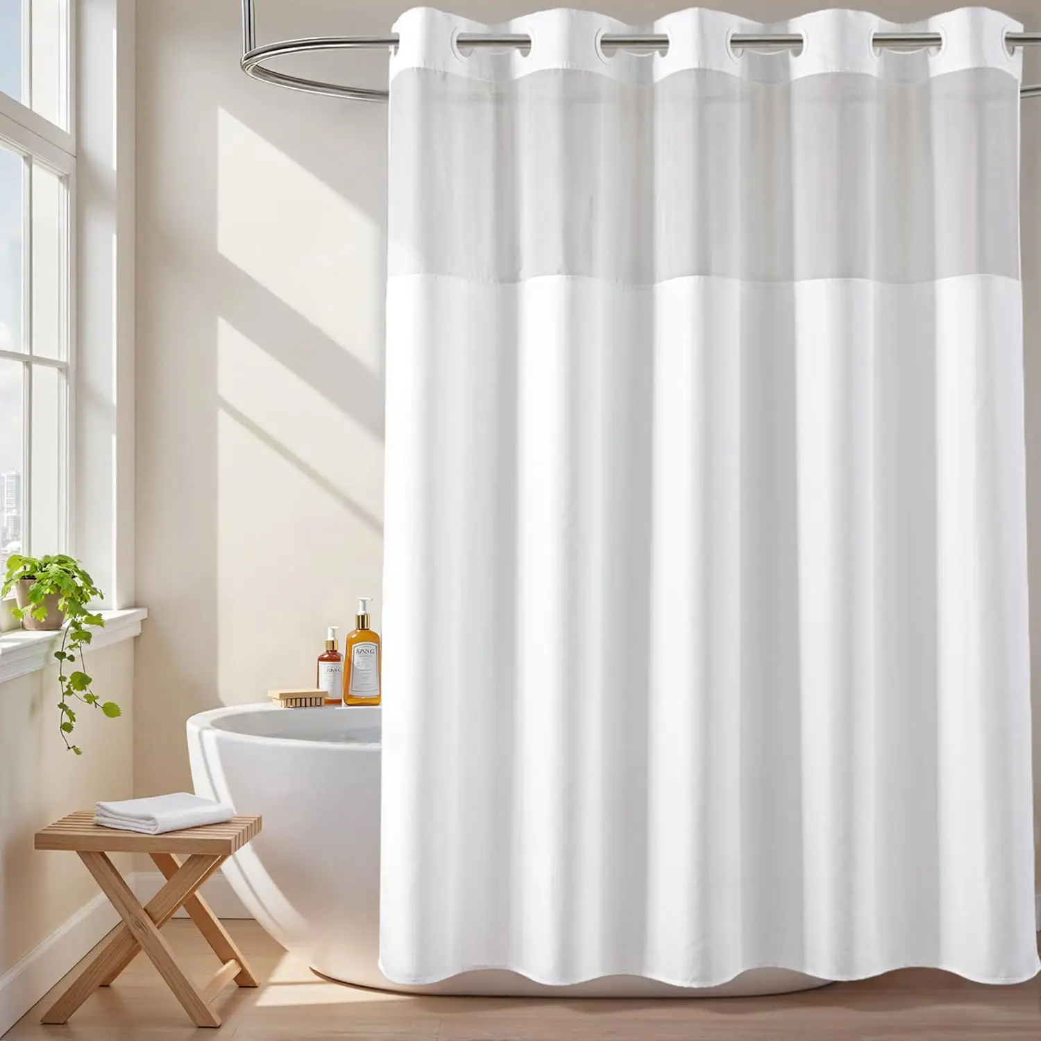

White Fabric Shower Curtain with Sheer Window, Water Repellent, Machine Washable, 71"W x 74"L