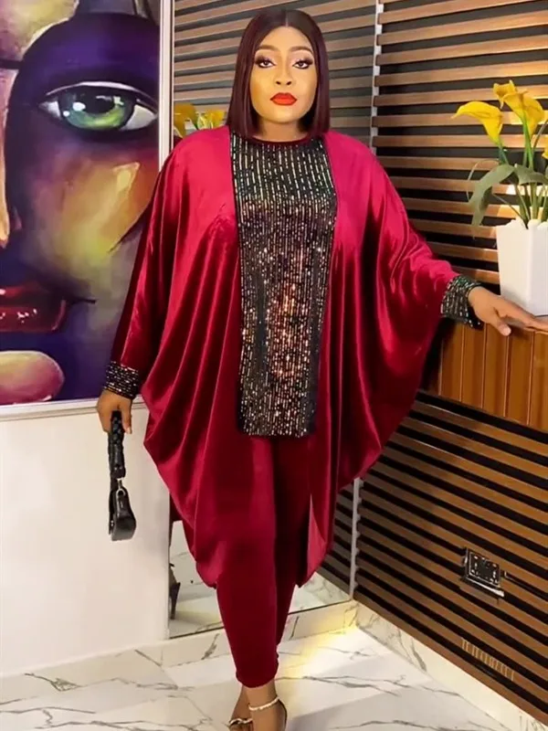 

Plus Size African Clothes for Women Ankara Dashiki 2 PCS Set Sequin Outfits 2023 Autumn Fashion Velvet Tops Pants Trousers Suits