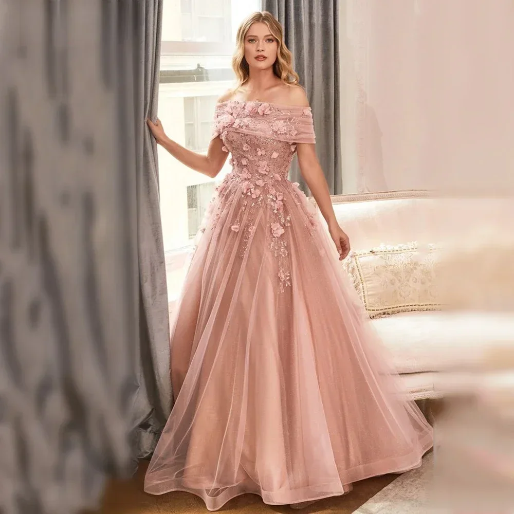 Elegant Pink Evening Formal Dress 2026 Off the Shoulder 3D Flowers Lae Tulle Request Prom Dresses Pageant Party Gowns