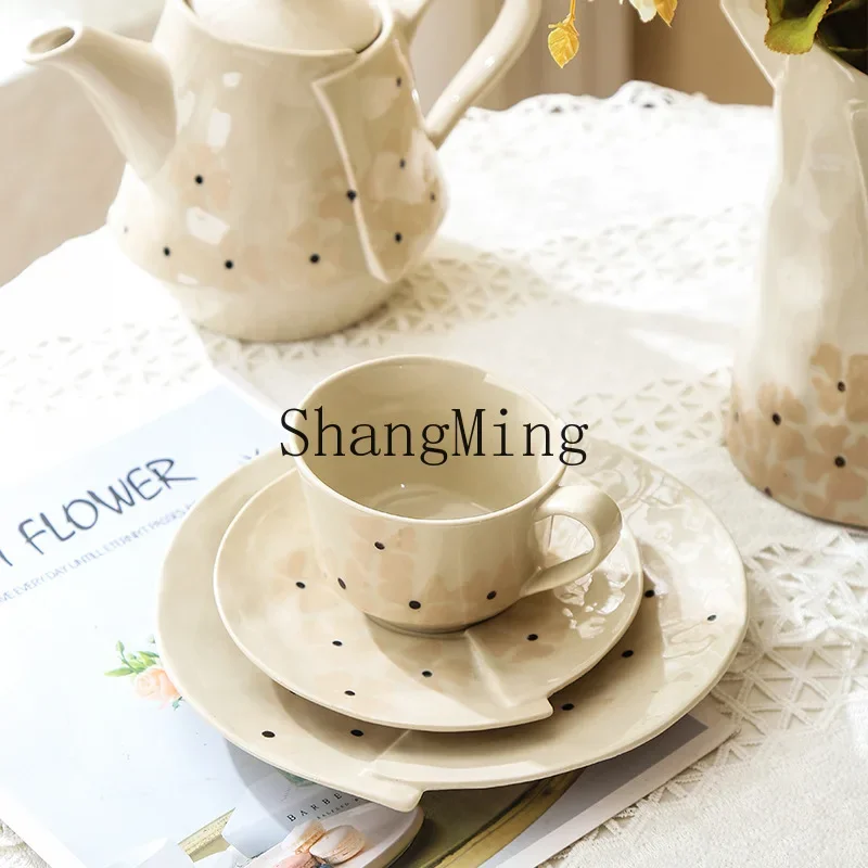 

CL retro underglaze color hand-squeezed irregular coffee cup and saucer, home restaurant afternoon teapot set