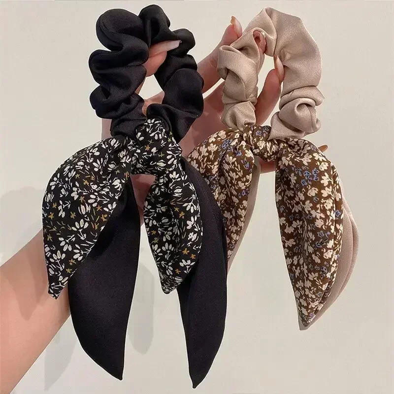 2024 New Korean Floral Bowknot Hair Ties for Women Girls Sweet Elastics Long Ribbon Ponytail Scarf Hair Tie Hair Accessories