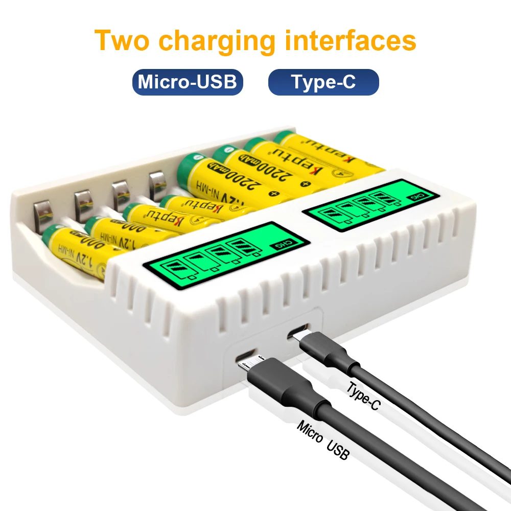 KEPTU 4pcs Rechargeable AA Batteries 2200mAh and 4pcs 900mAh 1.2V AAA NI-MH Battery with LCD Charger