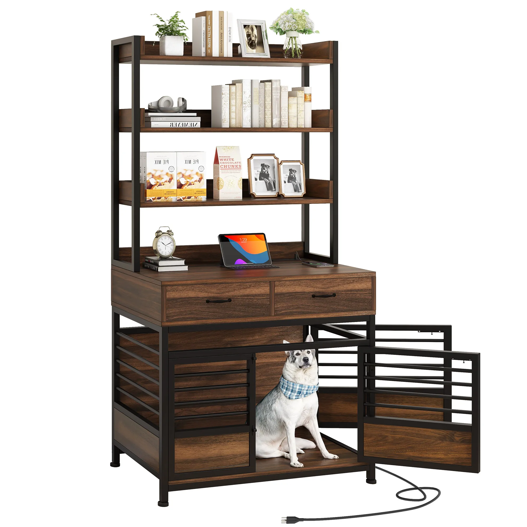 39'' Dog Crate Furniture with Shelves & 2 Drawer Heavy Duty Wood Dog Kennel Cage