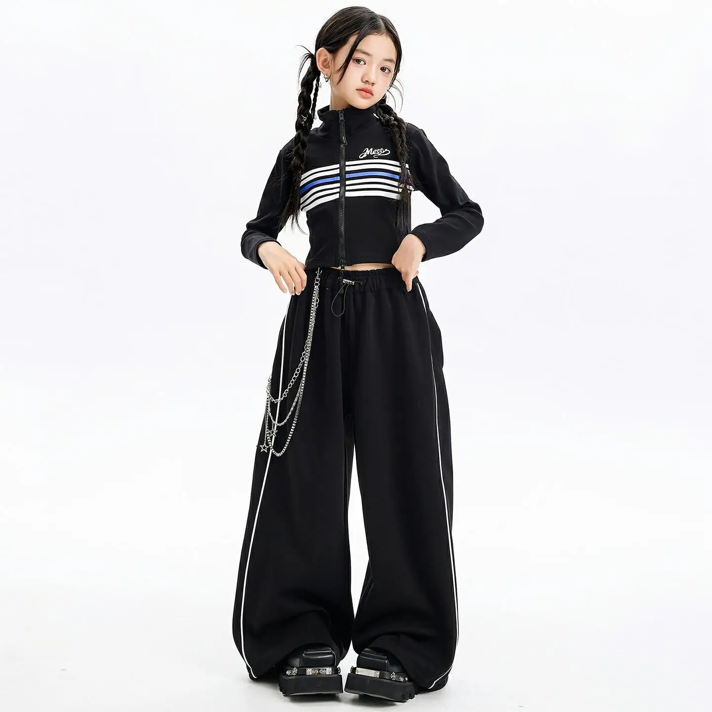 Ropa de Hip Hop Kpop para chico, camiseta corta a rayas negras con cremallera y cuello simulado, pantalones de chándal anchos informales para niña, ropa de traje de baile