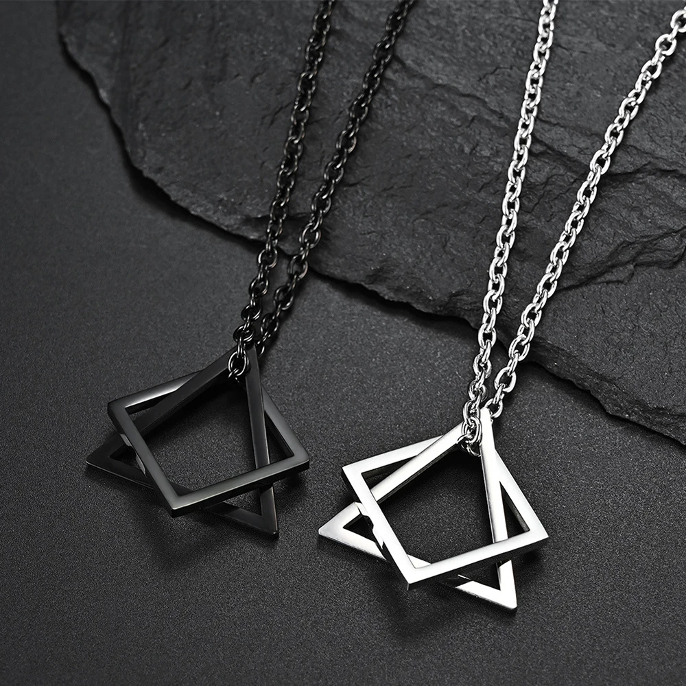 Geometry Interlocking Square Triangle Male Pendant for Men Stainless Steel Modern Trendy Geometric Stacking Streetwear Necklace