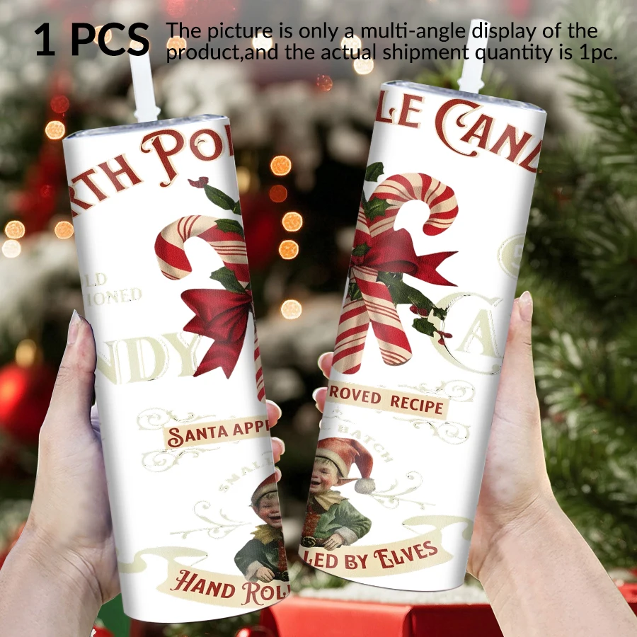 1pc 20Oz stainless steel straight cup with straw cover Christmas candy elements suitable for Christmas and Halloween as gifts.
