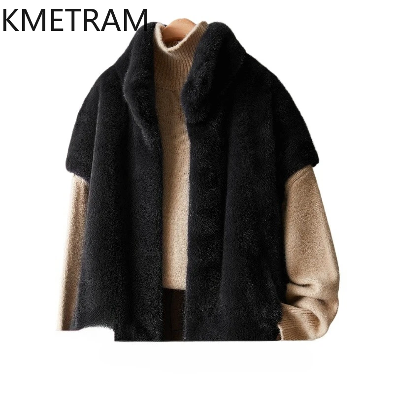 KMETRAM 100% Mink Fur Vest Black Real Fur Coat 2025 Winter Sleeveless Clothes for Woman Short New in Outerwears vestes femmes