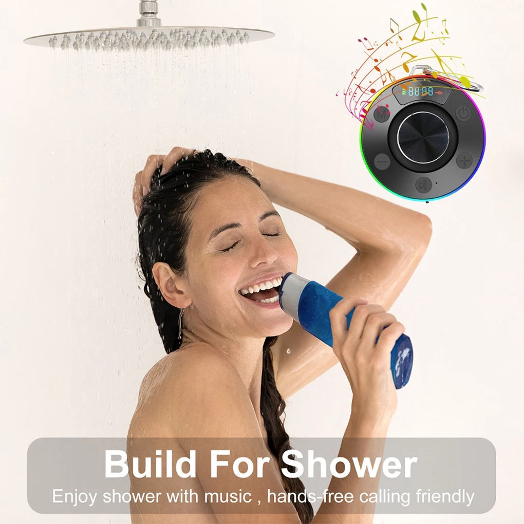 Portable Wireless Bluetooth Shower Speaker Waterproof 360° HD Sound Stereo Subwoofer FM Radio with Suction Cup & Mic & RGB Light