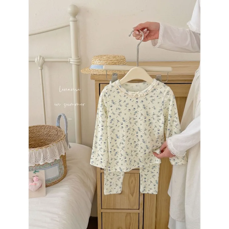 Girls' Pajama Set 2026 Spring and Autumn Winter New Elastic Knitted Fabric Baby Treasure Floral Korean Style Warmth