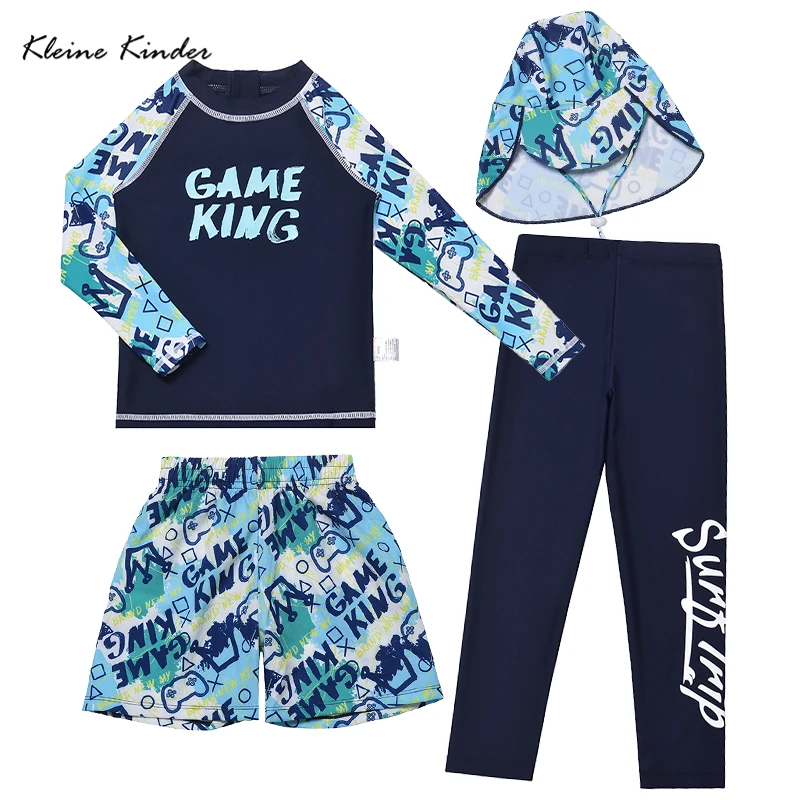 Summer Kid Boy Swimsuit Beach Long Sleeve Tops + Pants + Hat Professional Training Swimwear for Boys 4 Pcs UPF50 Bathing Suit