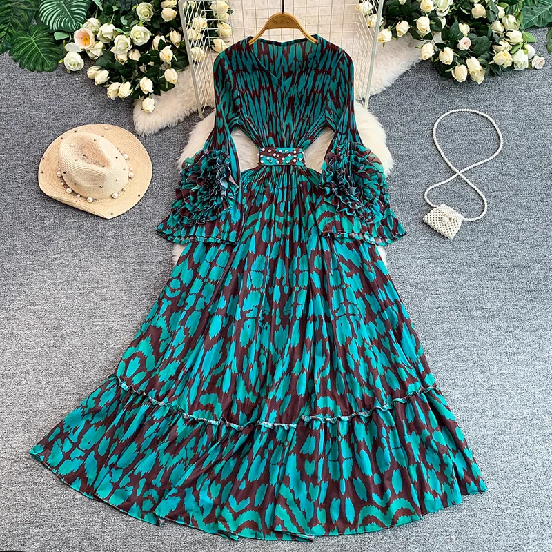 Spring Autumn New Women Elegant Floral Print Pleated Maxi Dress V-neck Long Sleeve Ruffle Belted A-Line Boho Garden Dress S683