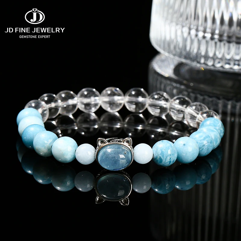 

JD Natural Stone Rock Quartz Larimar Aquamarine Cat Head Magic Box Charm Bracelet Women Men Luxury Healing Energy Gems Jewelry