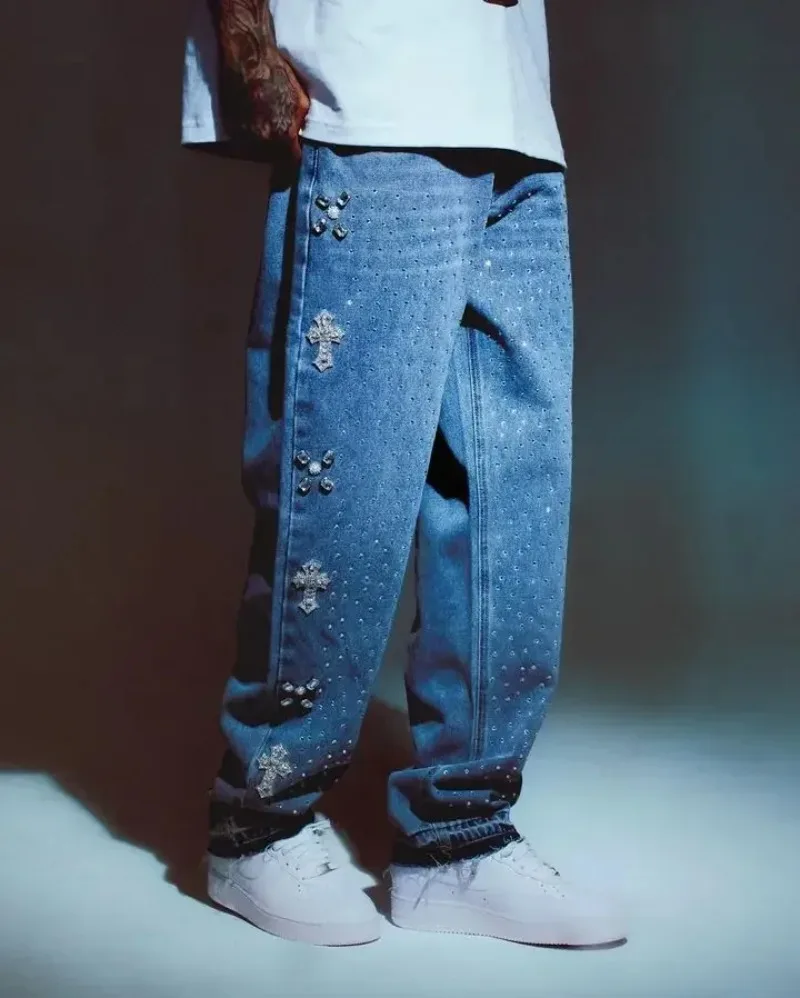 

Американские уличные модные синие мешковатые джинсы со стразами, мужские широкие брюки Y2K Harajuku в стиле хип-хоп, готики, ретро, с высокой талией, Джокер