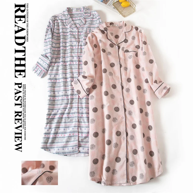 Korean Autumn and Winter Long Sleeve Soft Cotton Pajamas Loose Nightgowns Plus Size Nightdress Lapel Warm Cartoon Loungewear