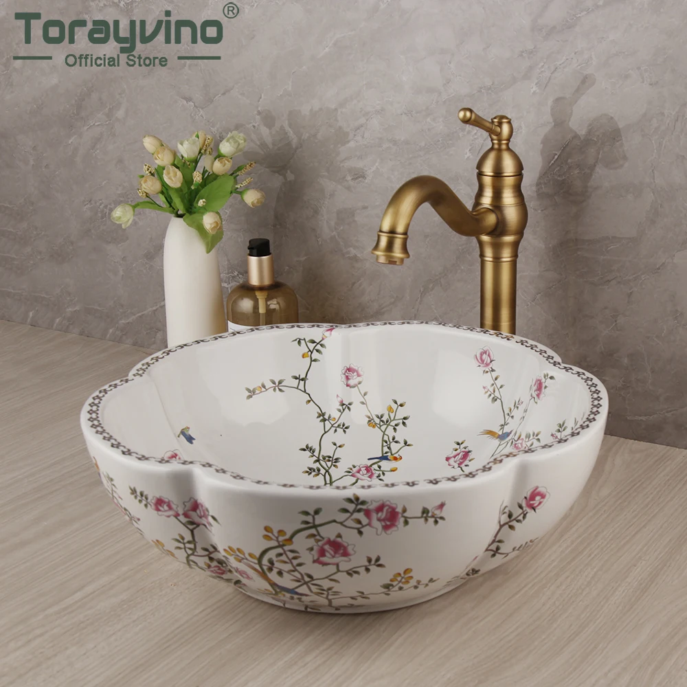 

Torayvino Art Ceramic Basin Flower Bird Washbasin Bathroom Basin Sink Set Rotated Antique Brass Faucet Mixer Tap Pop Up Drain