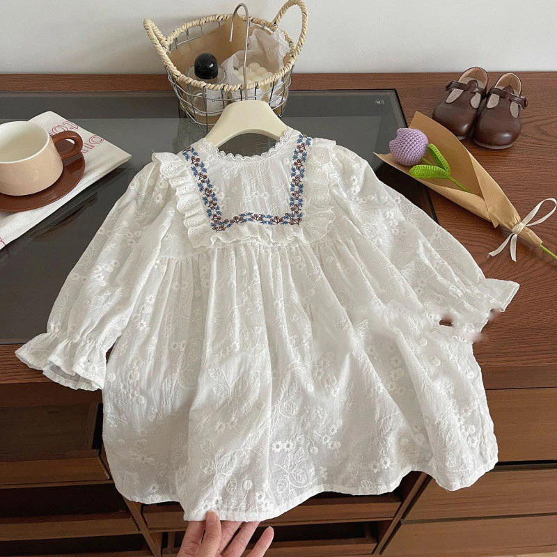 

Girl's Dress Spring New Korean Girl Lace Lace Round Neck Long Sleeve Solid Color Cute Dress Ropa De Niña Girls Clothes