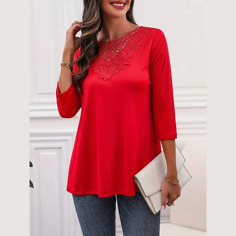 

Summer New Elegant Lace A-List Long Sleeved Lace Collar Patchwork Top Commuting Loose T-Shirt