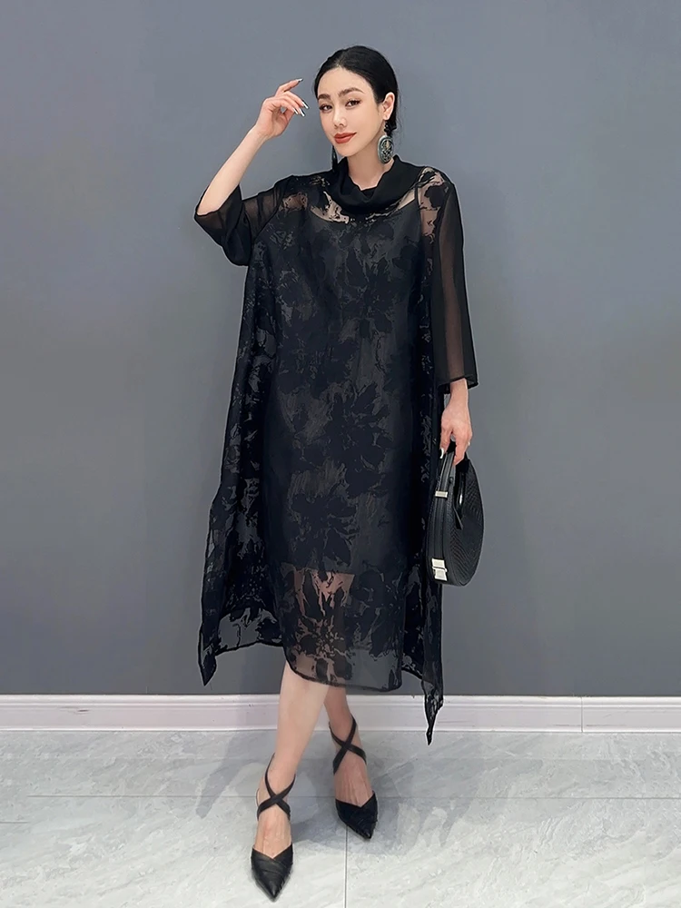 XITAO Sheer Jacquard Loose Dress Solid Color Pullover Side Split Patchwork Elegant Summer Fashion Women New Dress LYD1803