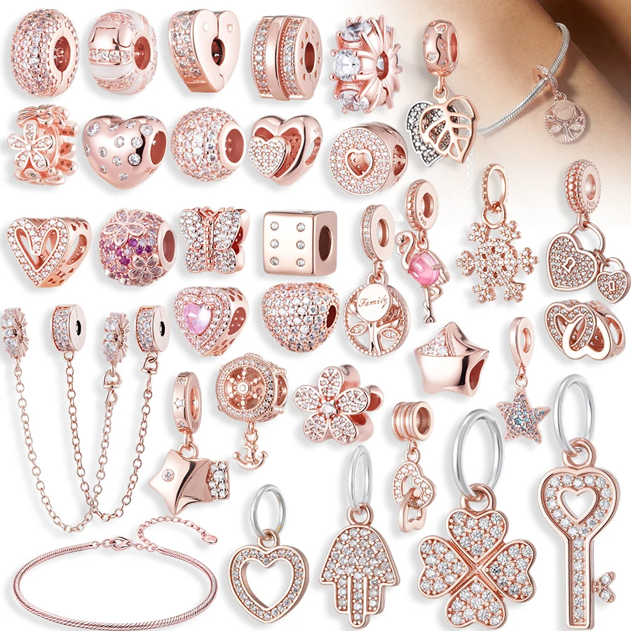 

New Rose Gold Charms Beads Fit Original Bracelet Heart Clover Flower Key Hamsa Hand Crystal DIY Jewelry Making for Women Gift