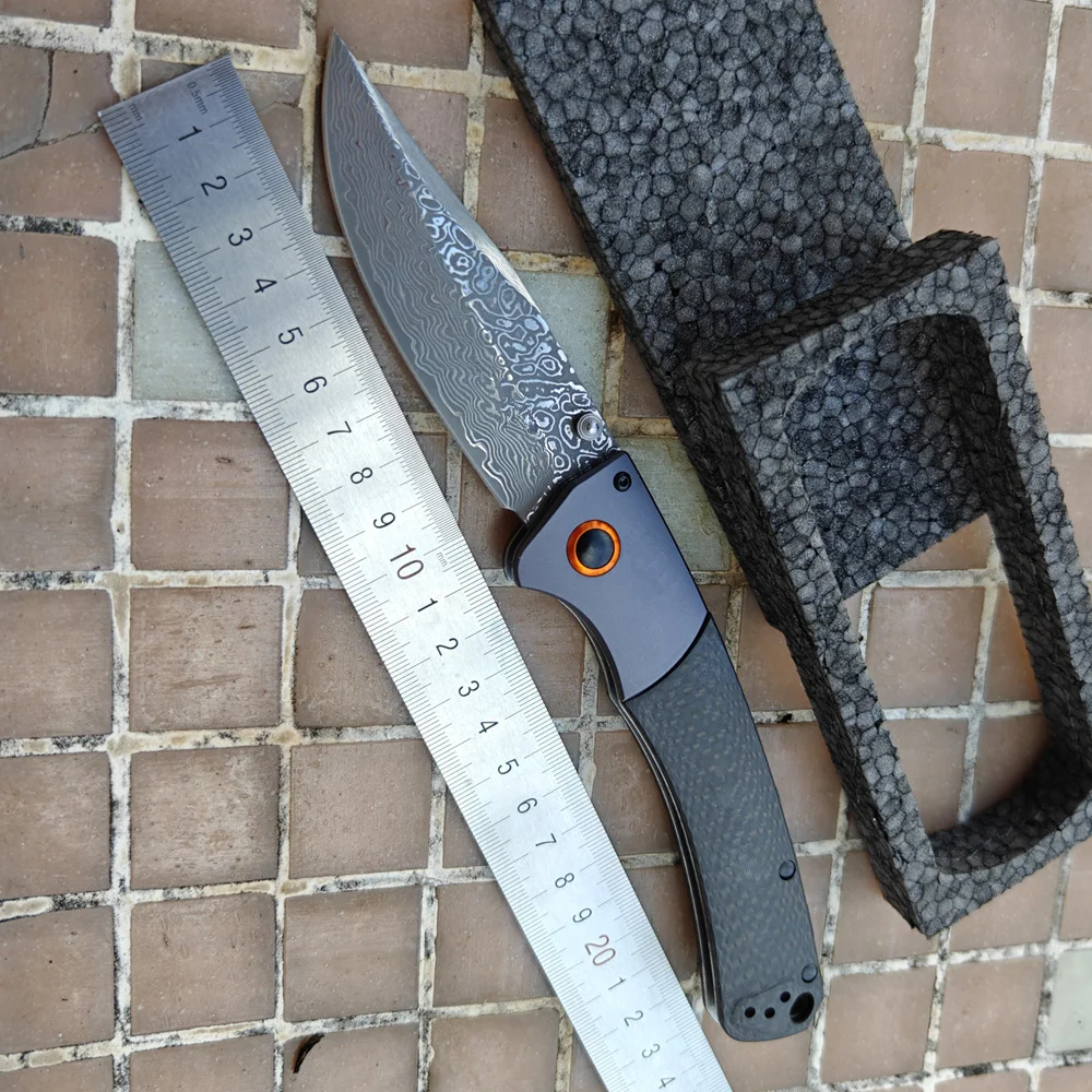 BM-cuchillo plegable de acero laminado chino Damasco/9Cr18MoV, fibra de carbono, aluminio, cobre, herramienta táctica de bolsillo para caza y campamento