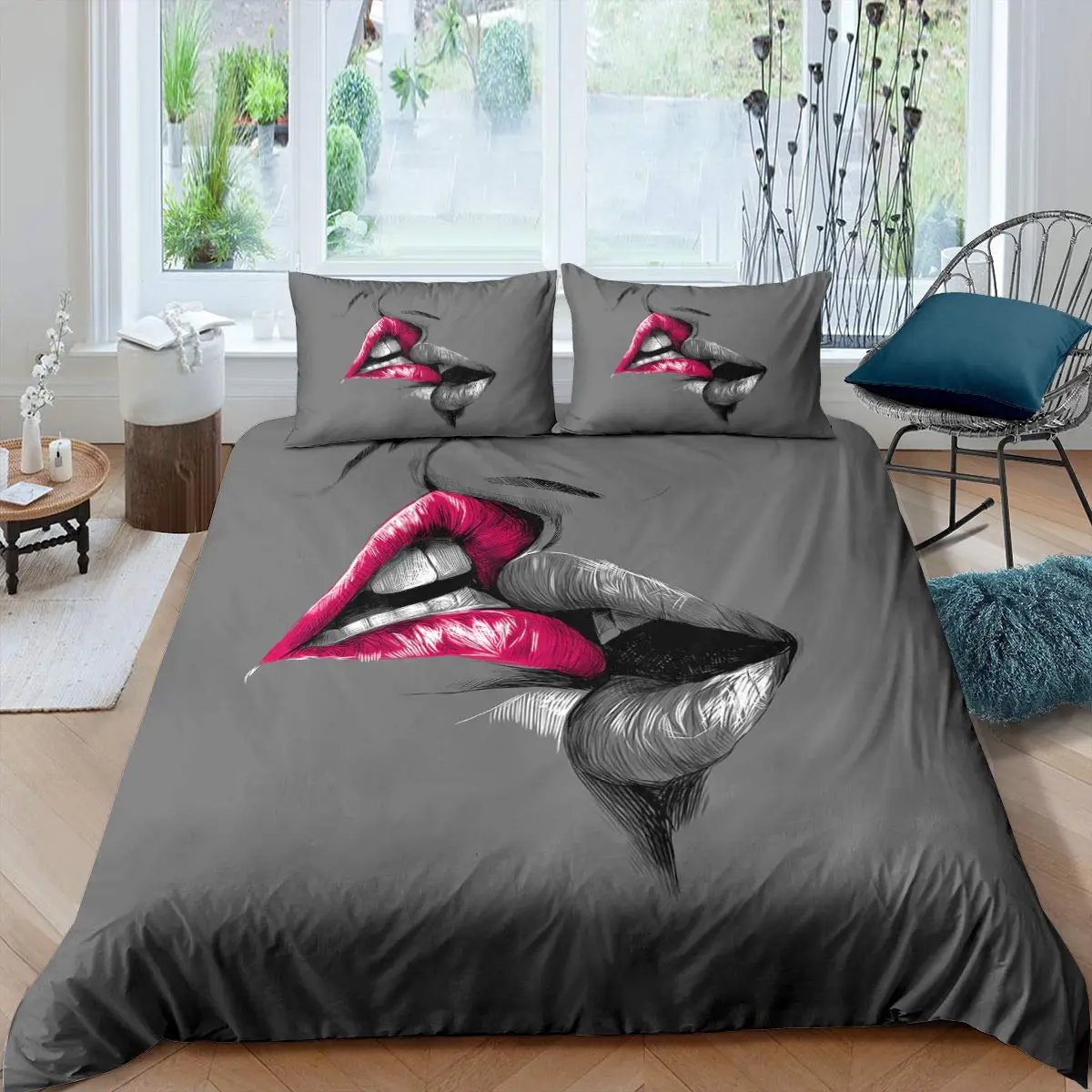 

Lip Duvet Cover Pink And Gray Lips Kissing Pattern Comforter Cover Sexy Theme King Size Twin Bedding Set For Women Girls Lovers