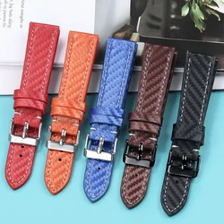 Leather Bracelet Carbonfiber Grain Watchband 18mm 20mm Red Orange Black Blue Brown Wristband 22mm 24mm Watch Strap for Seiko
