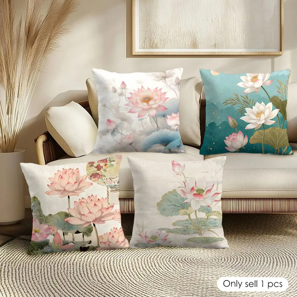 Lotus Flower Art Cushion Cover Soft Short Plush Pillow Cover Smooth Cozy Texture Aesthetic Cushion Case Home Decor