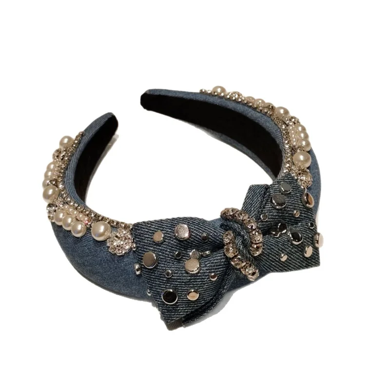 Korean Exquisite Full Diamond Bow Denim Jean Hair Hoop Hairband Pearl Drill Headband Pressed Hair Clips Hair Accessories - view 6