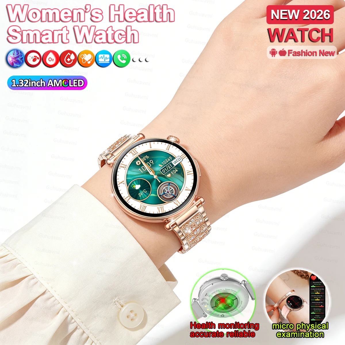 Women Smart Watch AMOLED Screen PPG+ECG Uric acid Blood oxygen pressure Heart health analysis Voice Call Sport Ladies Smartwatch