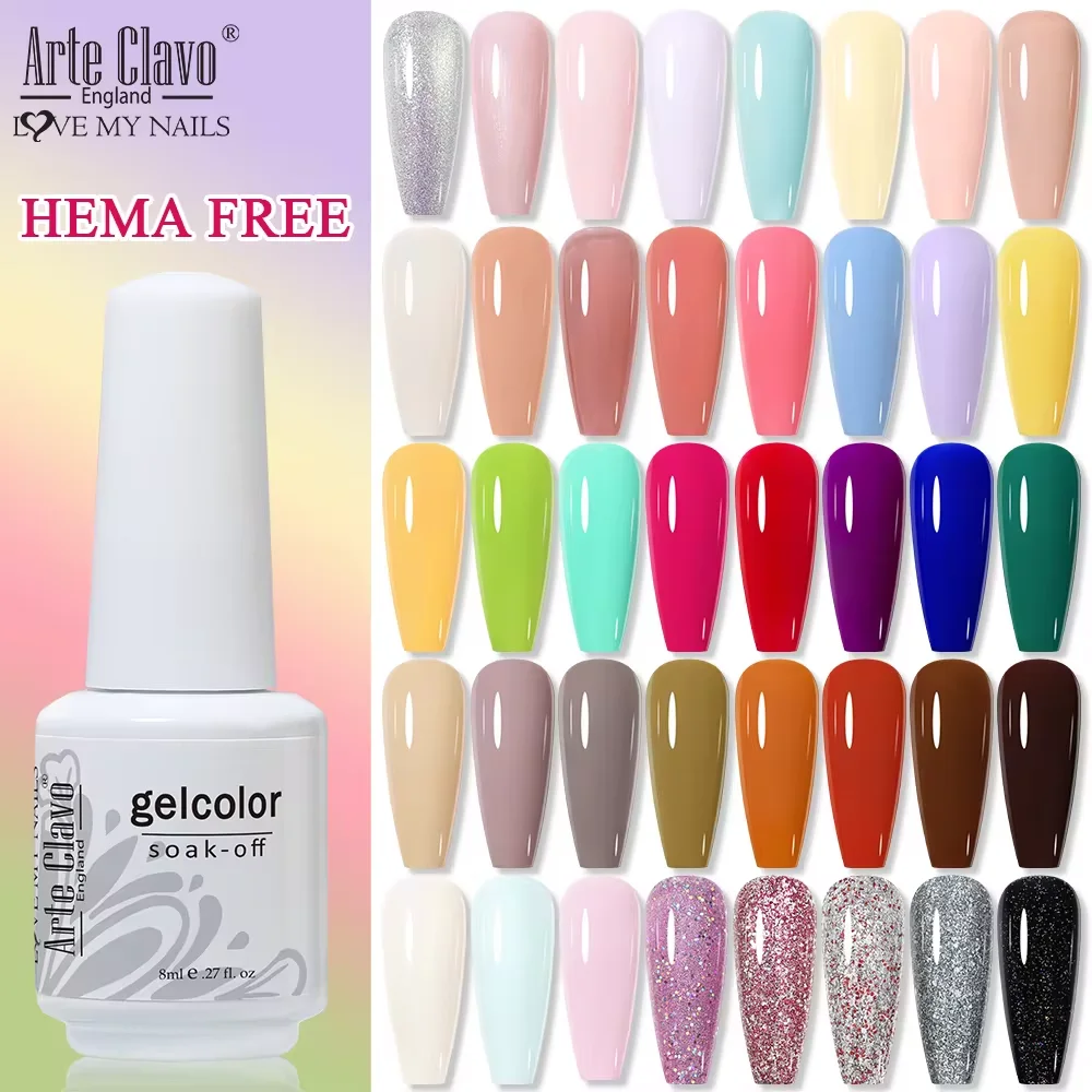 Arte Clavo HEMA FREE Gel Nail Polish Glitter Colors Soak Off UV LED Semi Permanent Gel Nails Lacquer Base Top Coat Varnish 8ml