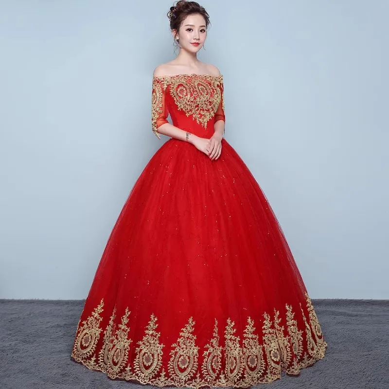 It's Yiiya Red Wedding Dresses Off the Shoulder Half Sleeves Golden Appliques Princess Floor-length Plus size Ball Gowns XN103