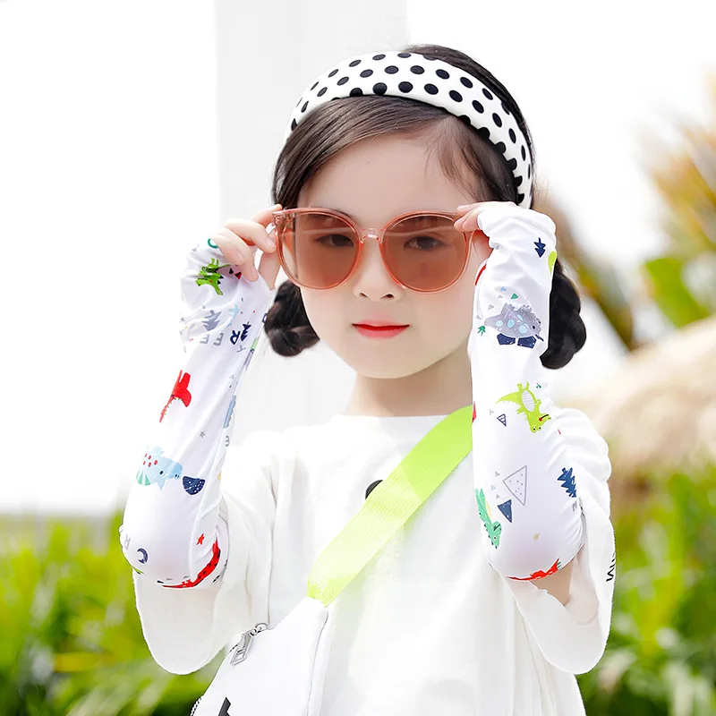 Kids Cartoon Print Fingerless Gloves Sun Protection Ice Silk Sleeve Cute Pattern Boys and Girls Summer Sun Protection Arm Cover