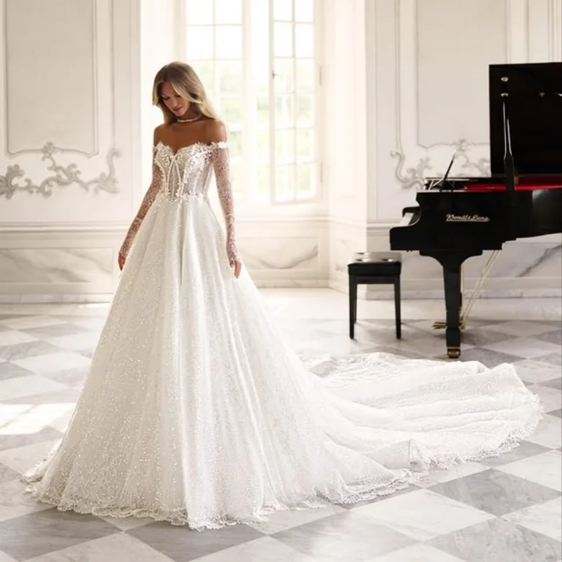 Shiny white Wedding Dresses The corset decal Bridal Gowns A skirt decoration long sleeves multi-layer Made ﻿Customize