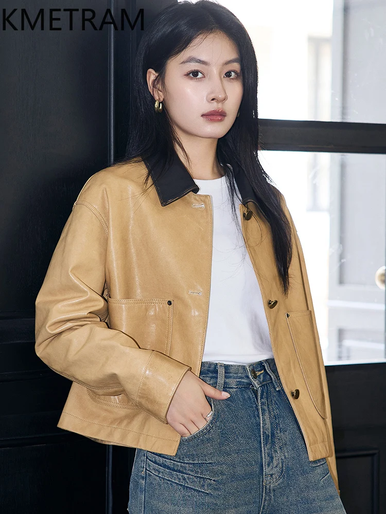 100% Oil Wax Sheepskin Jacket Woman Pudding Yellow Genuine Leather Jackets New in Outerwears Fall Clothes 2025 Women дубленка