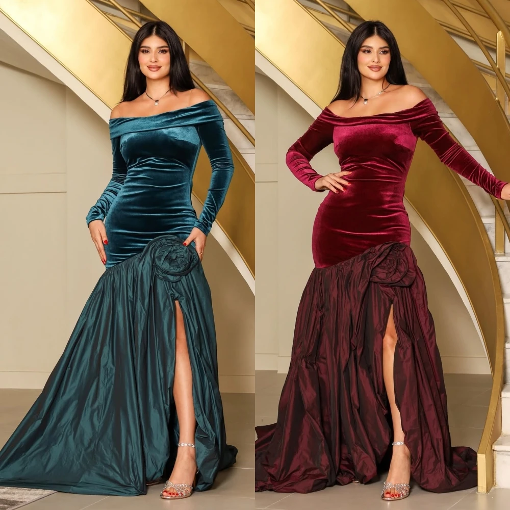 

Customized High Quality Evening Dress Flower Pleat Off-the-shoulder Trumpet Long Dresses Bespoke Occasion Elegant Party