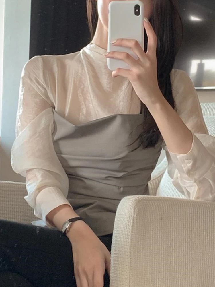 Ele emendado plissado ort irt feminino coreano sle fino ajuste chique transparente f gola alta longo sve topo