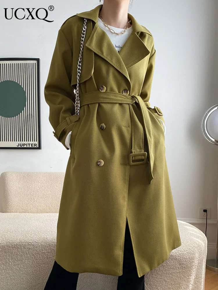 

UCXQ Fashion Trench Coat British Style Double Breasted Belt Waist Loose All Match Long Jacket Women 2024 New Spring Autumn C1330