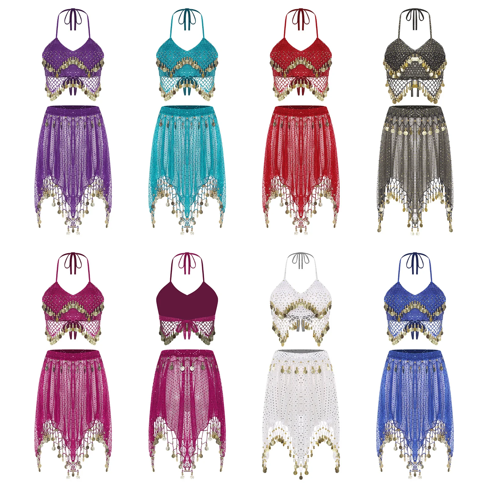 Vrouwen Buikdans Outfit 2-delige Metallic Kwastje Zoom Bh En Rokken Set Arabische Prinses Kostuum voor Halloween Cosplay