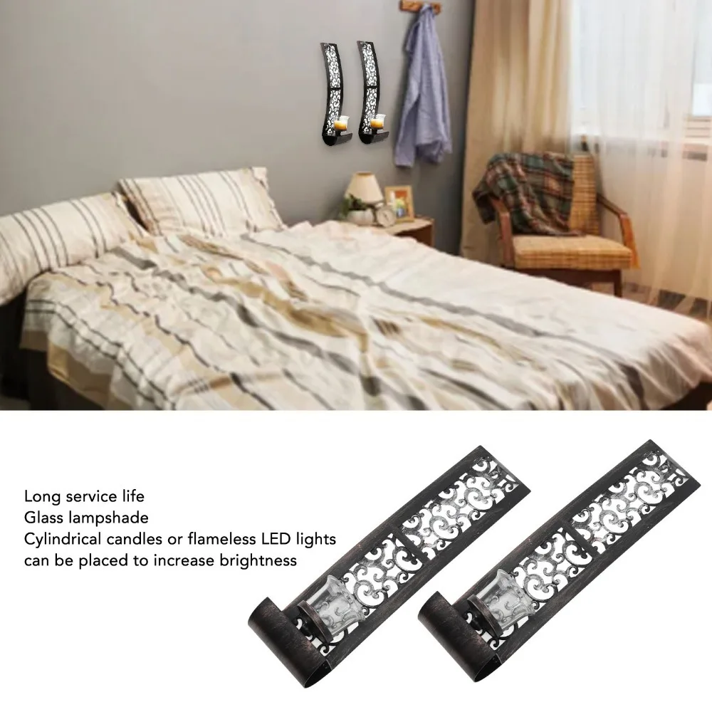 2pcs Elegant Iron Wall Candle Holder Balck 14.2x2.8x3.5in Wall Candlestick Hanging Design Wall Mount Candle Holder for Office